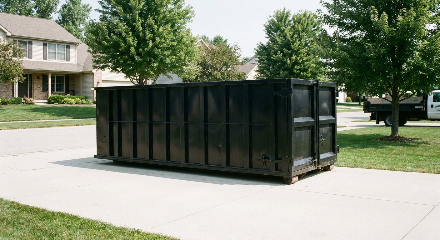 Matte-black 20-yard roll-off dumpster sitting level on a clean Carrollton residential concrete driveway under bright daylight, demonstrating clean placement directly on the concrete.