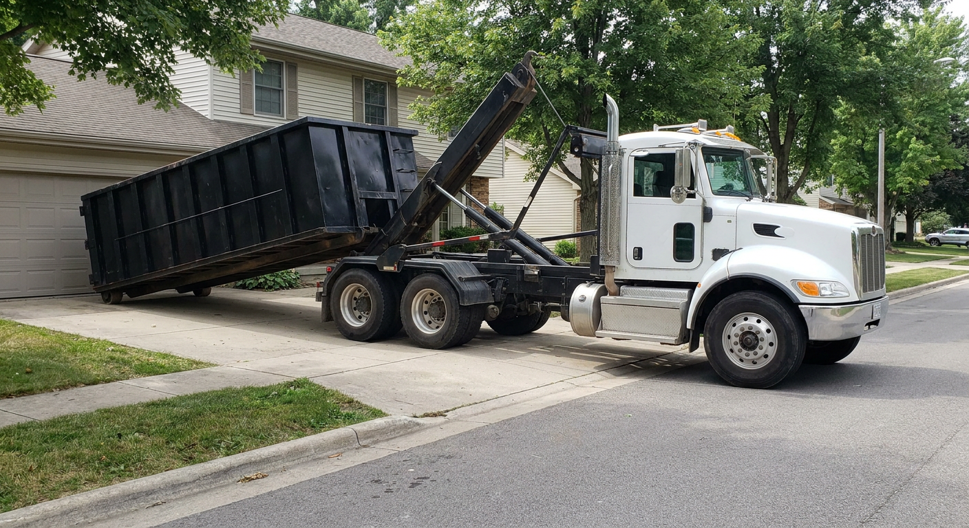 White-cab hooklift roll-off truck actively lowering a matte-black dumpster onto a Carrollton residential concrete driveway, the dumpster's rear wheels touching the driveway as the hoist arm tilts the bed forward, mid-morning daylight.