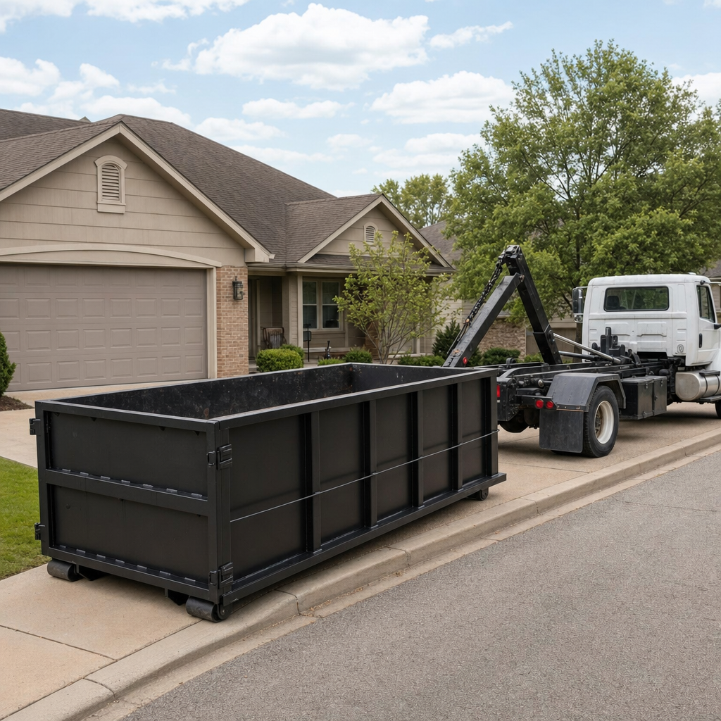 Wide documentary shot of a matte-black roll-off dumpster on a Carrollton residential driveway in the foreground and a contractor jobsite container in the soft-focus background, bright daylight, calm and orderly composition.